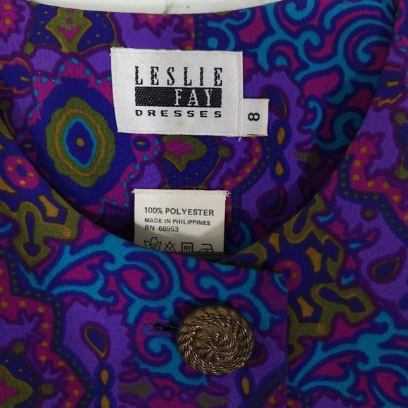Vintage Leslie Fay Purple Blue Stain Glass Kaleidoscope Print Dress Pleat Skirt - Picture 5 of 7